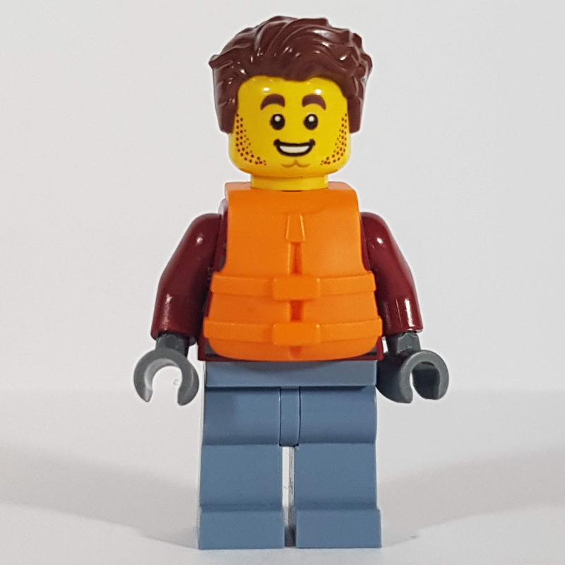 Harl hubbs, veste rouge foncé, jambes bleu sable, cheveux brun rougeâtre, gilet de sauvetage orange (Harl Hubbs, Dark Red Jacket, Sand Blue Legs, Reddish Brown Hair, Orange Life Vest)