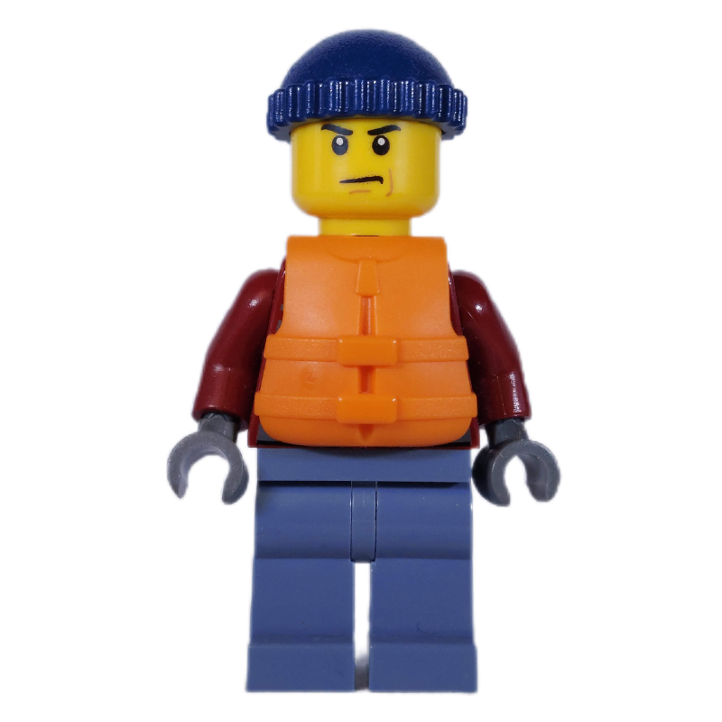 Marine explorer, veste rouge foncé, jambes bleu sable, chapeau bleu foncé, gilet de sauvetage orange (Marine Explorer, Dark Red Jacket, Sand Blue Legs, Dark Blue Hat, Orange Life Vest)
