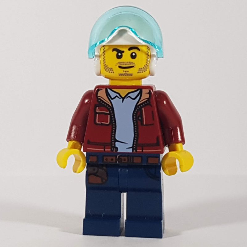 Explorateur marin, veste rouge foncé ouvert, jambes bleu foncé, casque blanc avec visière, barbe naissante (Marine Explorer, Open Dark Red Jacket, Dark Blue Legs, White Helmet with Visor, Stubble)