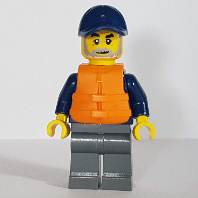 Explorateur marin, chemise bleu foncé, jambes gris bleuté foncé, casquette bleu foncé, gilet de sauvetage orange (Marine Explorer, Dark Blue Shirt, Dark Bluish Gray Legs, Dark Blue Cap, Orange Life Vest)