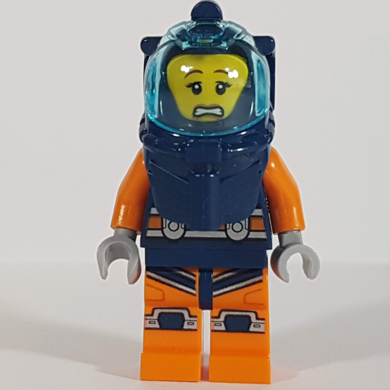 Plongeur, femme, combinaison bleu foncé et orange, casque de plongée bleu foncé avec visière (Diver, Woman, Dark Blue and Orange Wetsuit, Dark Blue Diving Helmet with Visor)