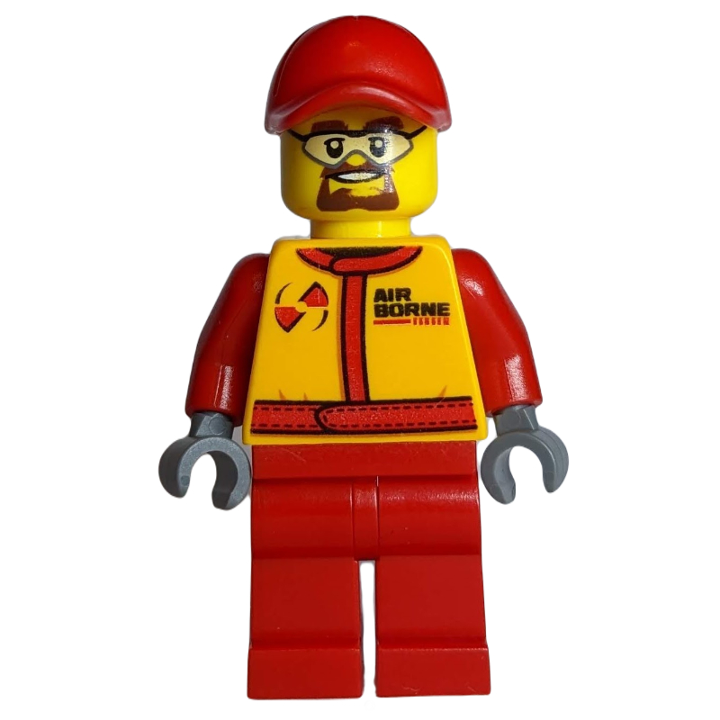 Pilote de course, combinaison rouge et orange, casquette rouge, bouc et lunettes de sécurité (Racer, Red and Orange Jumpsuit, Red Cap, Goatee Beard and Safety Glasses)