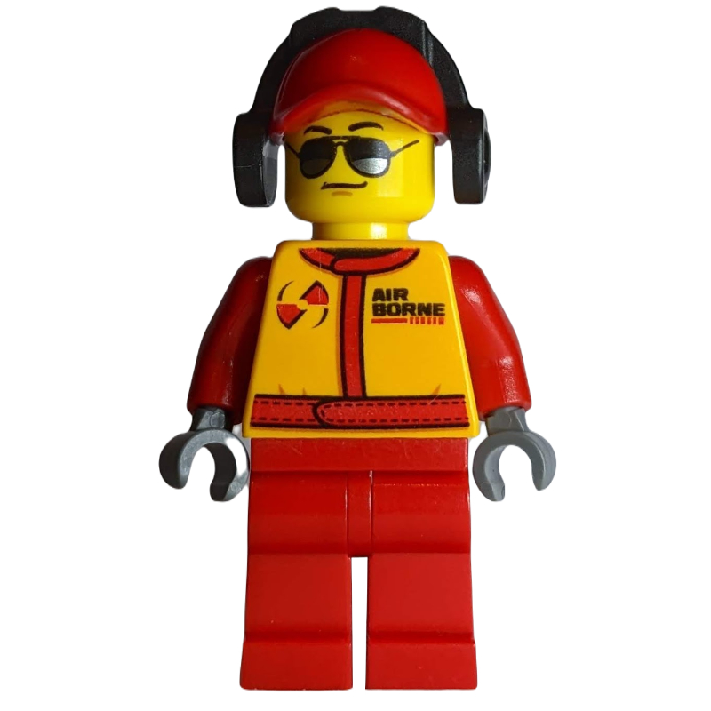 Pilote de course, combinaison rouge et orange, casquette rouge avec des protections auditives, lunettes de soleil (Racer, Red and Orange Jumpsuit, Red Cap with Ear Defenders, Sunglasses)