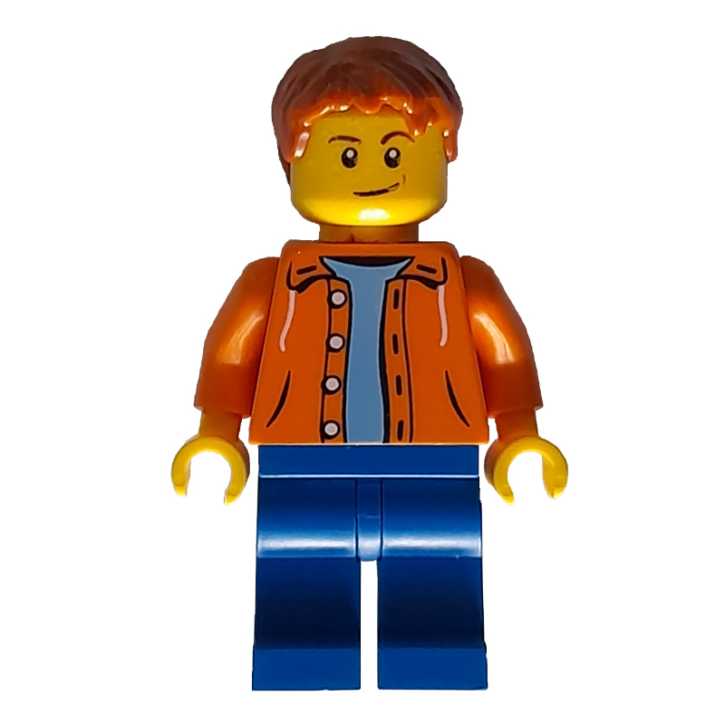 Homme, chemise orange ouverte, jambes bleues, cheveux orange foncé (Man, Open Orange Shirt, Blue Legs, Dark Orange Hair)