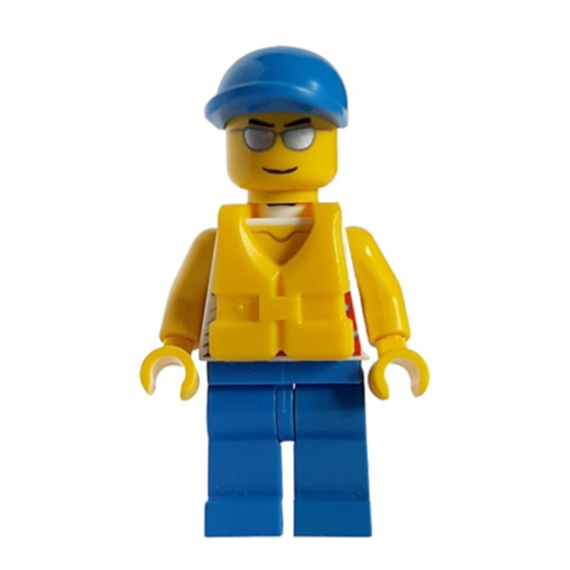 Homme, débardeur blanc avec planche à voile, jambes bleues, casquette bleue, lunettes de soleil argentées (Man, White Tank Top with Windsurfer, Blue Legs, Blue Cap, Silver Sunglasses)