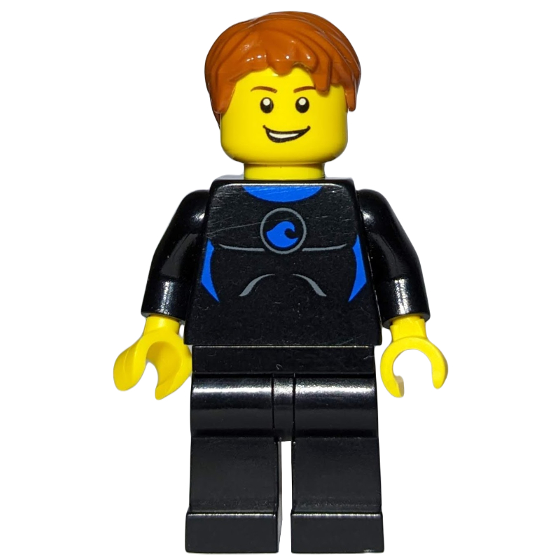 Homme, combinaison noire, cheveux orange foncé, gilet de sauvetage jaune (Man, Black Wetsuit, Dark Orange Hair, Yellow Life Vest)