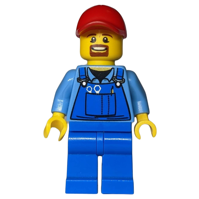 Homme, salopette bleue sur chemise, jambes bleues, casquette rouge, bouc brun (Man, Blue Overalls over Shirt, Blue Legs, Red Cap, Brown Goatee Beard)