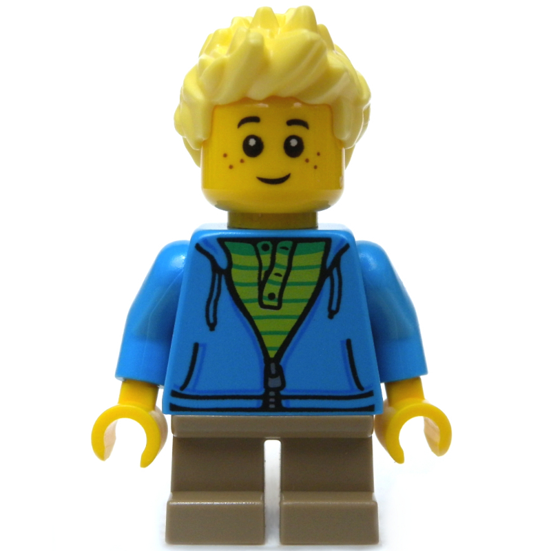Garçon, ouvert sweat à capuche bleu azur avec fermeture à glissière, courtes jambes beige foncé, cheveux jaune clair lumineux (Boy, Open Dark Azure Hoodie with Zipper, Short Dark Tan Legs, Bright Light Yellow Hair)