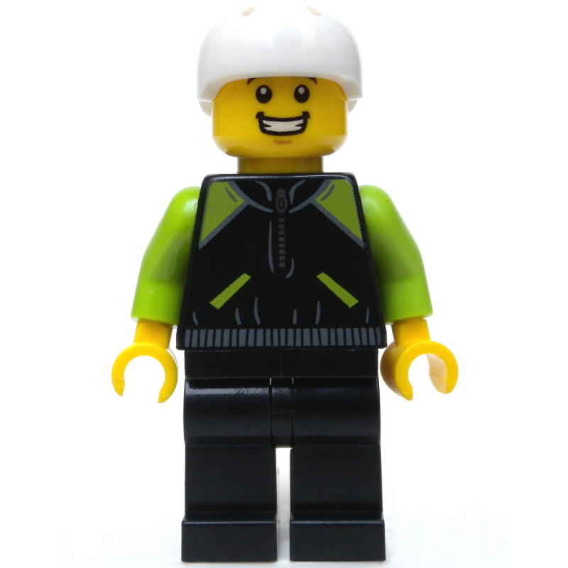 Homme, veste noire et vert citron, casque blanc (Man, Black and Lime Jacket, White Helmet)