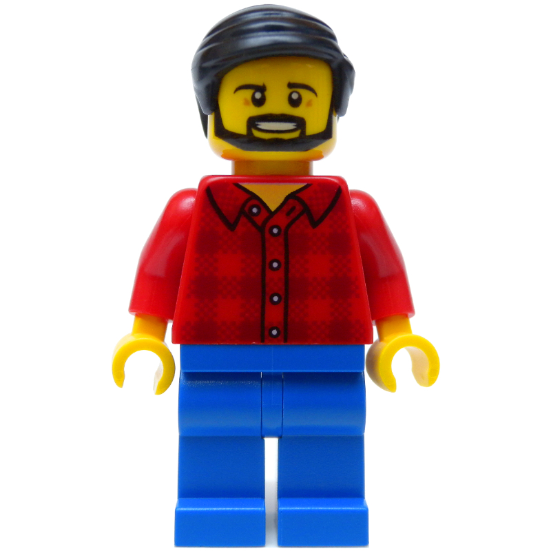 Homme, chemise en flanelle rouge, jambes bleues, cheveux noirs, barbe (Man, Red Flannel Shirt, Blue Legs, Black Hair, Beard)