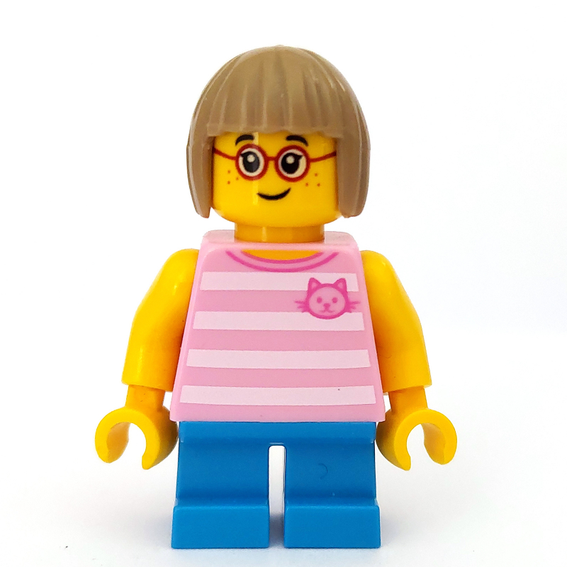 Fille, haut rayé rose vif avec tête de chat, courtes jambes azur foncé, cheveux beige foncés, lunettes (Girl, Bright Pink Striped Top with Cat Head, Short Dark Azure Legs, Dark Tan Hair, Glasses)