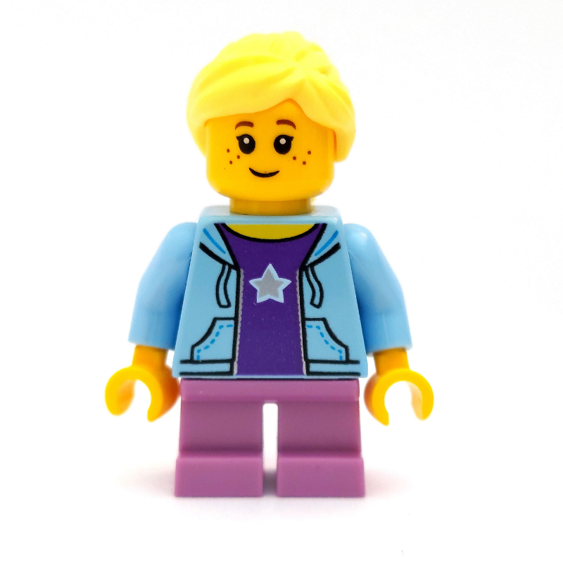 Fille, sweat à capuche bleu clair ouvert sur chemise violet foncé avec étoile, courtes jambes lavande moyen, cheveux jaune clair vif (Girl, Open Bright Light Blue Hoodie over Dark Purple Shirt with Star, Short Medium Lavender Legs, Bright Light Yellow Hair)