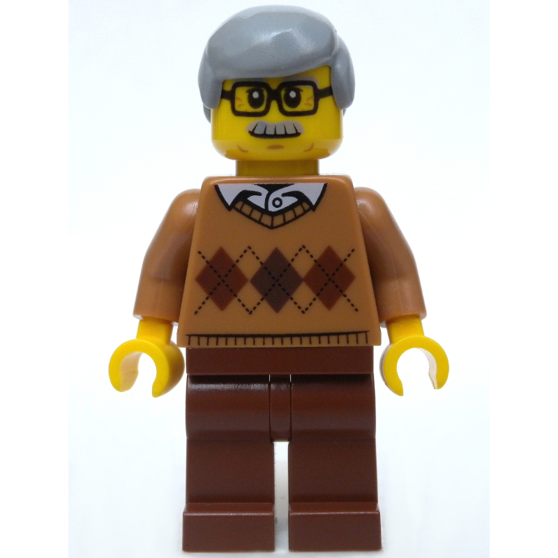 Chandail argyle homme, nougat moyen, jambes brun rougeâtre, moustache et lunettes (Man, Medium Nougat Argyle Sweater, Reddish Brown Legs, Moustache and Glasses)