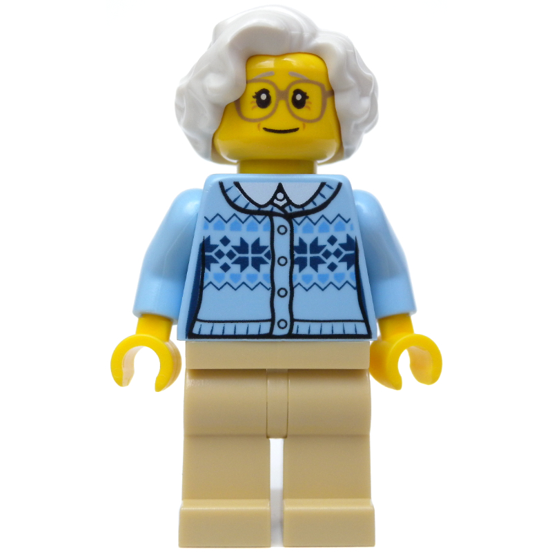 Femme, cardigan bleu clair vif, jambes beiges, cheveux blancs, lunettes (Woman, Bright Light Blue Cardigan, Tan Legs, White Hair, Glasses)