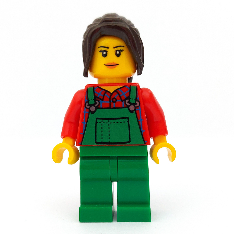 Femme, salopette verte sur chemise à carreaux rouge, cheveux brun foncé (Woman, Green Overalls over Red Plaid Shirt, Dark Brown Hair)