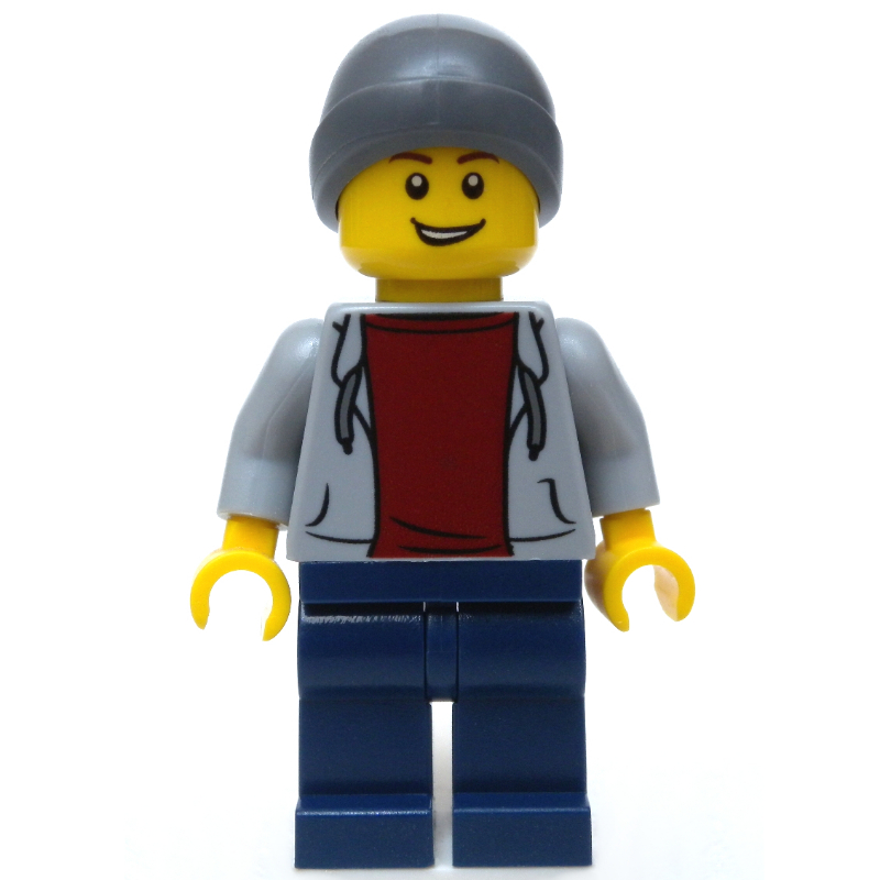 Homme, sweat à capuche gris bleuté clair sur chemise rouge foncé, jambes bleu foncé, bonnet (Man, Light Bluish Gray Hoodie over Dark Red Shirt, Dark Blue Legs, Beanie Hat)