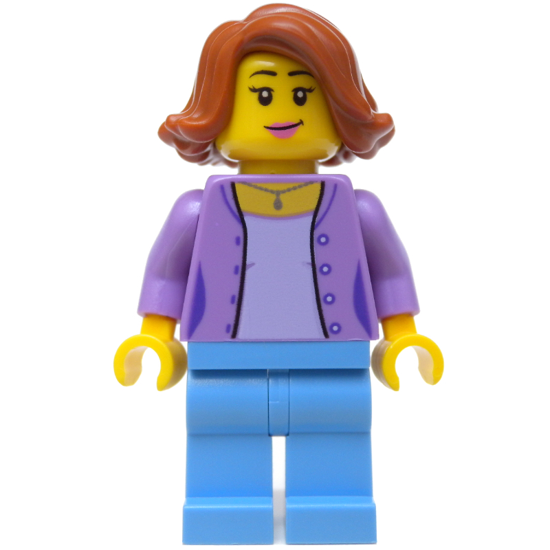 Femme, chemise ouverte lavande moyen sur le dessus de lavande, jambes bleu moyen, cheveux orange foncé (Woman, Open Medium Lavender Shirt over Lavender Top, Medium Blue Legs, Dark Orange Hair)