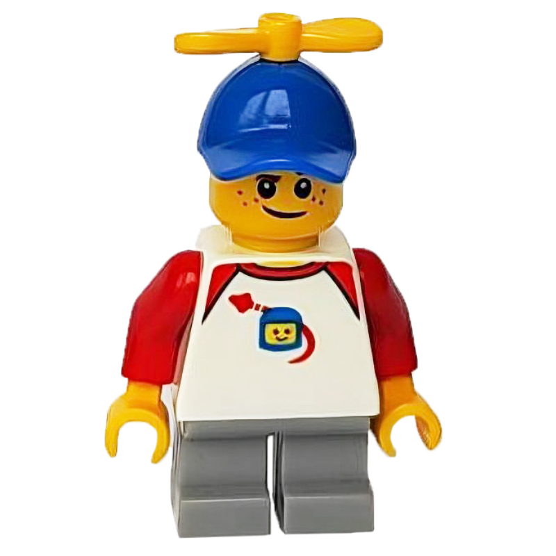 Garçon, homme de l'espace classique sur la chemise, courtes jambes gris bleuté clair, casquette bleue avec hélice (Boy, Classic Spaceman on Shirt, Short Light Bluish Gray Legs, Blue Cap with Propeller)