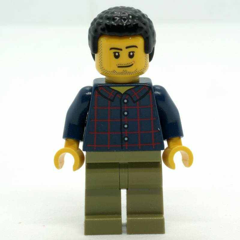 Homme, chemise à carreaux bleu foncé, jambes olive, cheveux noirs, barbe naissante (Man, Dark Blue Plaid Shirt, Olive Legs, Black Hair, Stubble)