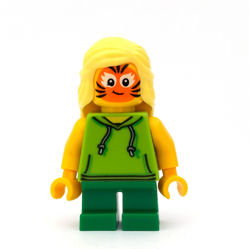 Fille, sweat à capuche vert citron, courtes jambes vertes, facepaint tigre (Girl, Lime Hoodie, Short Green Legs, Tiger Facepaint)