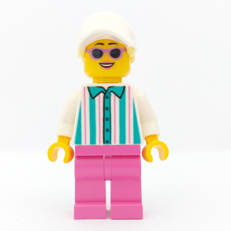 Femme, chemise rayée turquoise blanche et foncée, jambes rose foncé, blanc avec cheveux (Woman, White and Dark Turquoise Striped Shirt, Dark Pink Legs, White with Hair)