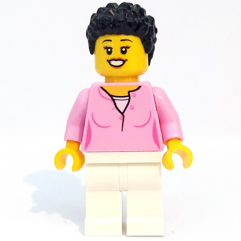 Femme, haut rose vif, jambes blanches, cheveux noirs (Woman, Bright Pink Top, White Legs, Black Hair)