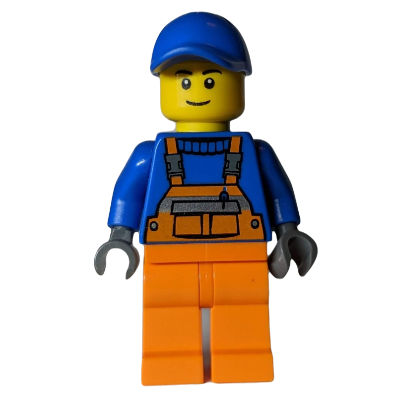 Ouvrier de chantier, salopette orange sur pull bleu, casquette bleue (Construction Worker, Orange Overalls over Blue Sweater, Blue Cap)