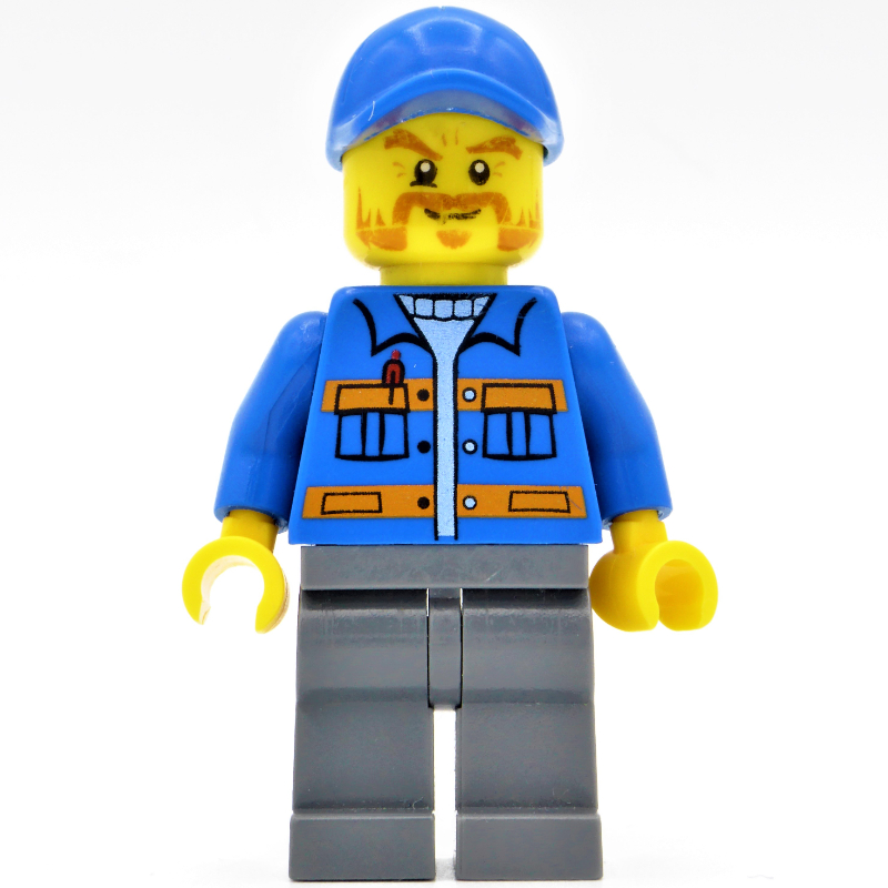 Ouvrier, veste bleue avec rayures orange, jambes bleu sable, casquette bleue, barbe (Worker, Blue Jacket with Orange Stripes, Sand Blue Legs, Blue Cap, Beard)