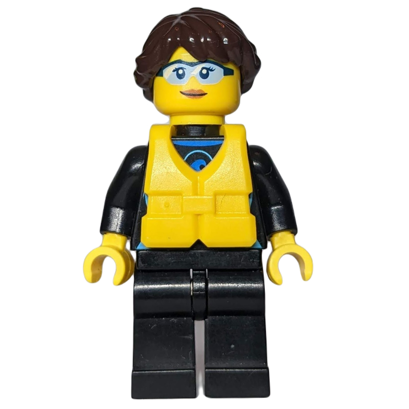 Femme, combinaison noire, cheveux brun foncé, gilet de sauvetage jaune, lunettes de sécurité (Woman, Black Wetsuit, Dark Brown Hair, Yellow Life Vest, Safety Glasses)