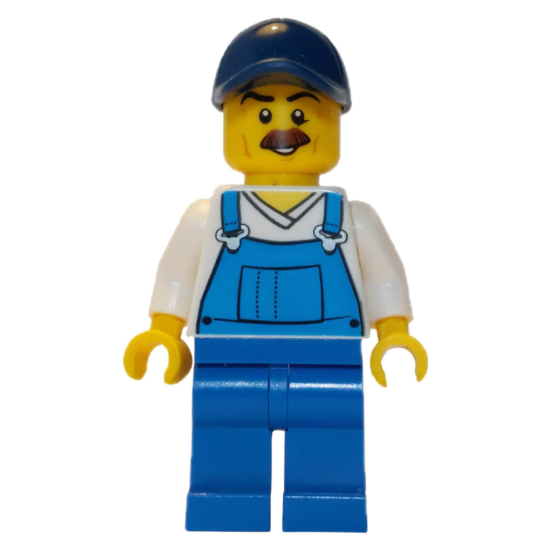 Homme, salopette bleue sur chemise blanche à col en V, casquette bleu foncé, moustache (Man, Blue Overalls over White V-Neck Shirt, Dark Blue Cap, Moustache)