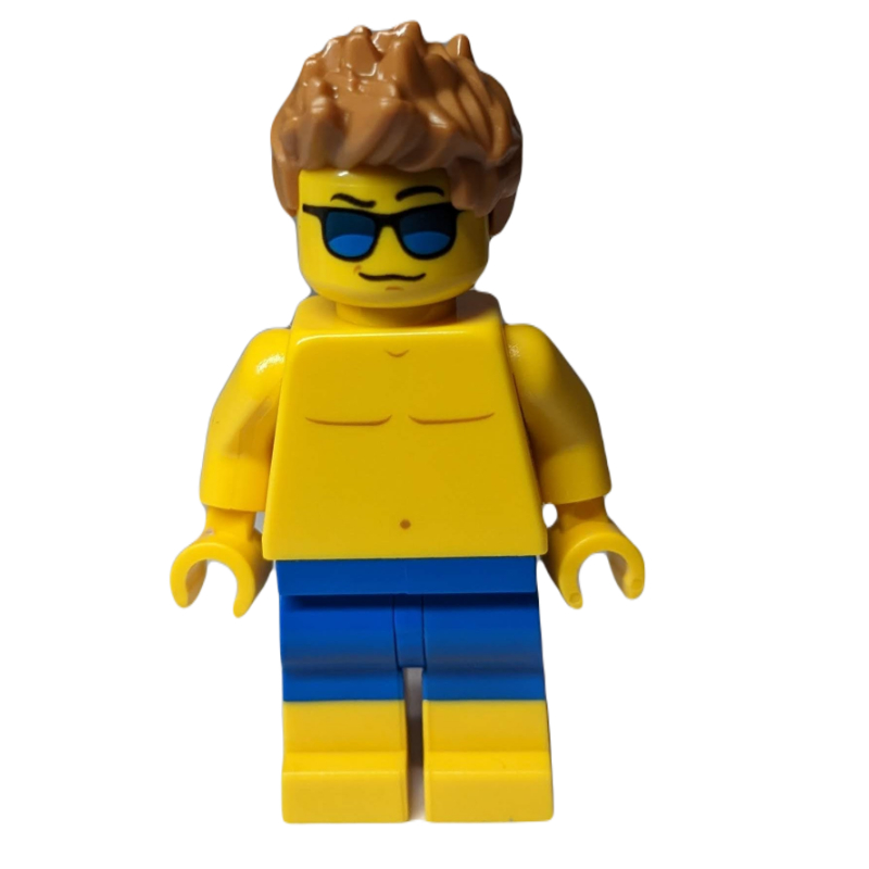 Homme, torse nu, maillots de bain bleu, cheveux nougat moyen, lunettes de soleil (Man, Shirtless, Blue Swim Trunks, Medium Nougat Hair, Sunglasses)