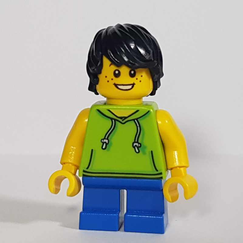 Garçon, sweat à capuche vert citron, jambes courtes bleues, cheveux noirs (Boy, Lime Hoodie, Short Blue Legs, Black Hair)