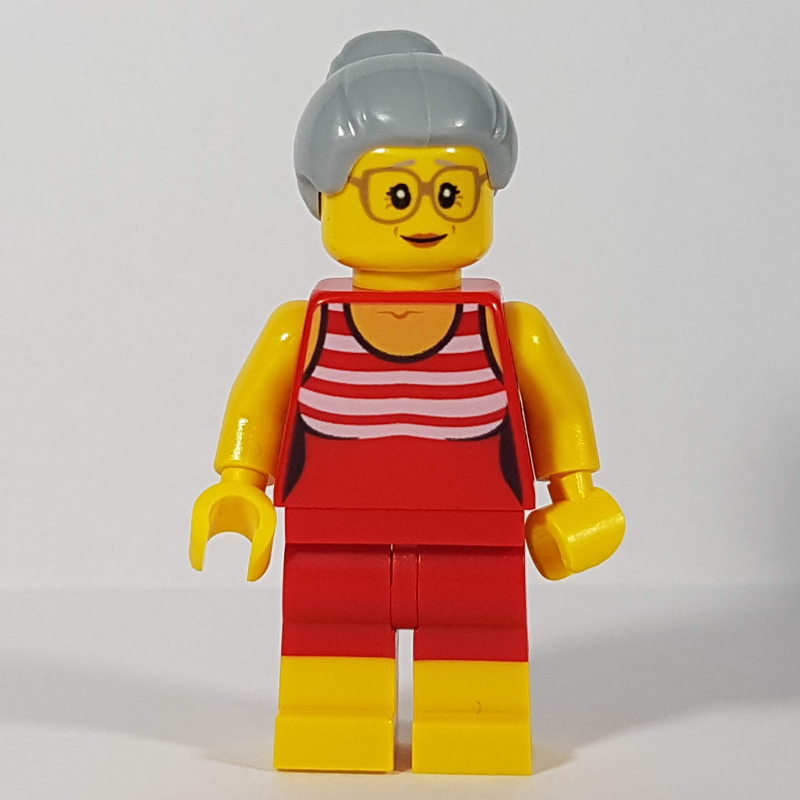 Femme, maillot de bain rouge et blanc, cheveux gris bleuté clair, lunettes (Woman, Red and White Swimsuit, Light Bluish Gray Hair, Glasses)