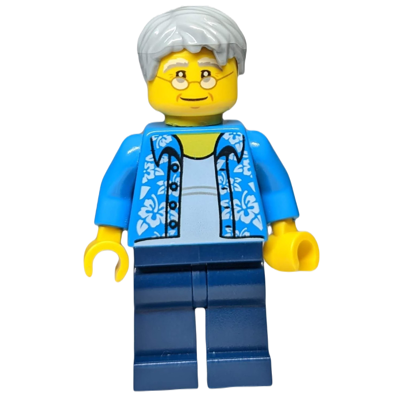 Homme, ouvert chemise hawaïenne azur foncé, jambes bleu foncé, cheveux gris bleuté clair, lunettes (Man, Open Dark Azure Hawaiian Shirt, Dark Blue Legs, Light Bluish Gray Hair, Glasses)