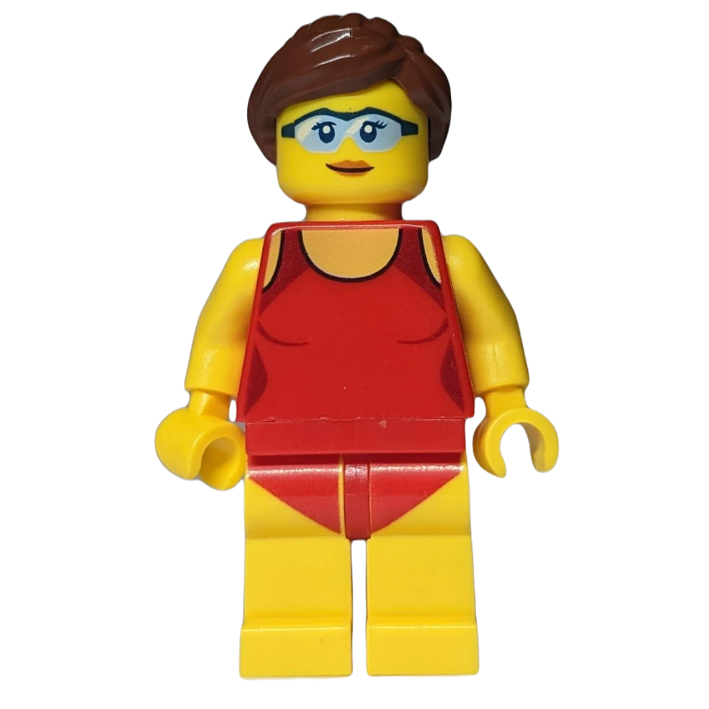 Femme, maillot de bain rouge, cheveux brun rougeâtre, lunettes de sécurité (Woman, Red Swimsuit, Reddish Brown Hair, Safety Glasses)