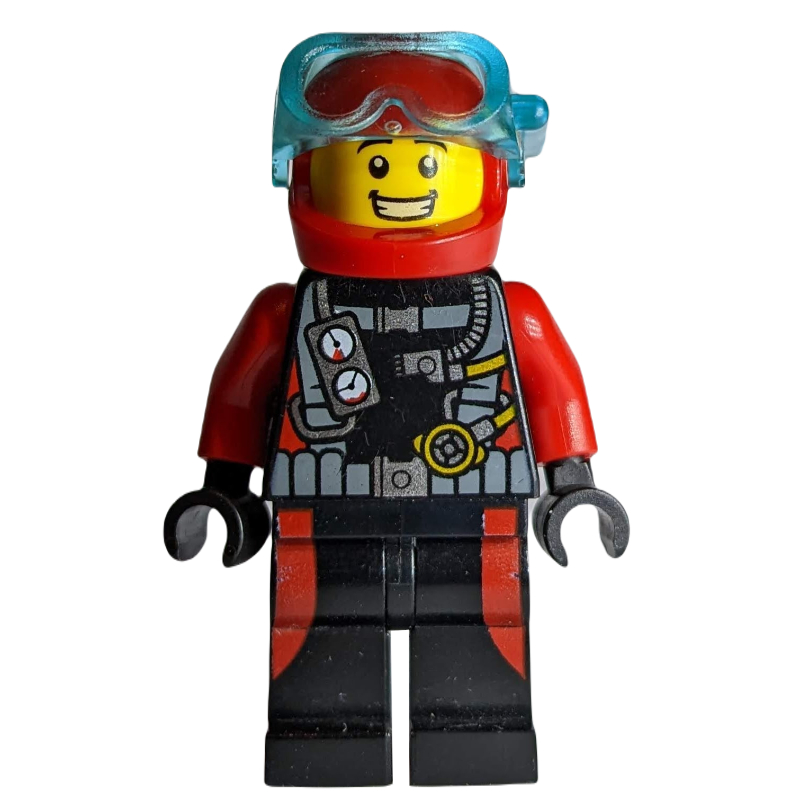 Plongeur, homme, combinaison rouge et noire avec sangles et jauges, casque rouge avec masque (Diver, Man, Red and Black Wetsuit with Straps and Gauges, Red Helmet with Mask)