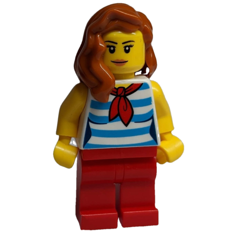 Femme, blanc et sombre débardeur rayé bleu azur avec foulard rouge, jambes rouges, cheveux orange foncé (Woman, White and Dark Azure Striped Tank Top with Red Neckerchief, Red Legs, Dark Orange Hair)