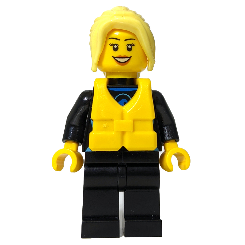 Surfeur, femme, combinaison de plongée noire, cheveux jaune clair vif, gilet de sauvetage jaune (Surfer, Woman, Black Wetsuit, Bright Light Yellow Hair, Yellow Life Vest)