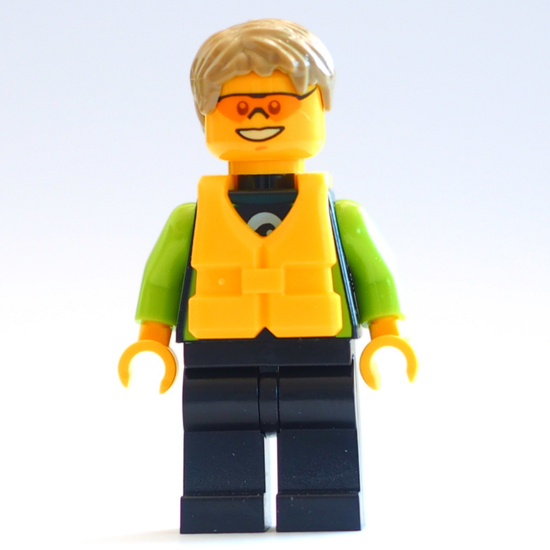 Homme, combinaison de plongée noire et vert citron, cheveux beige foncé, gilet de sauvetage jaune, lunettes de sécurité orange (Man, Black and Lime Wetsuit, Dark Tan Hair, Yellow Life Vest, Orange Safety Glasses)