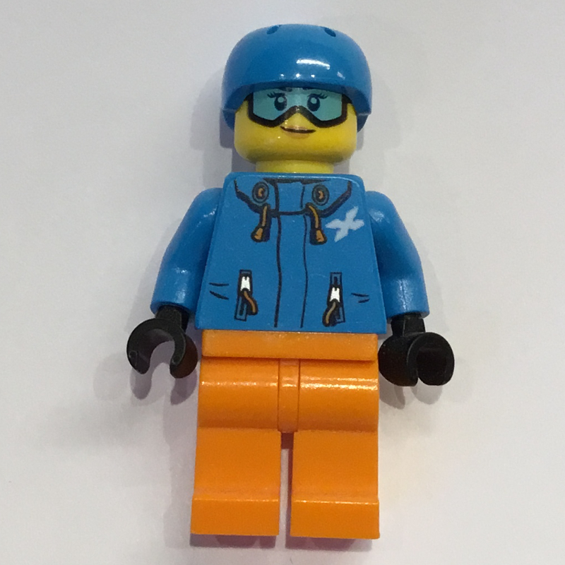 Femme, veste de ski azur foncé, jambes orange, casque azur foncé, lunettes de neige (Woman, Dark Azure Ski Jacket, Orange Legs, Dark Azure Helmet, Snow Goggles)