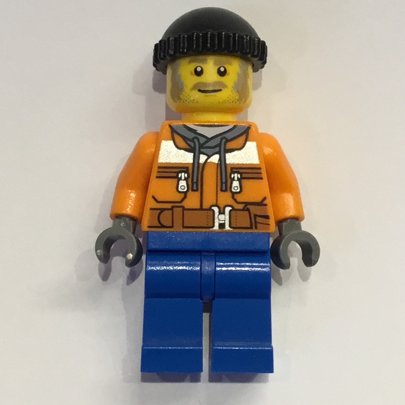 Ouvrier, veste de sécurité orange sur sweat à capuche, jambes bleues, chapeau noir, moustache (Worker, Orange Safety Jacket over Hoodie, Blue Legs, Black Hat, Moustache)