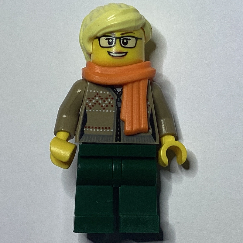 Femme, cardigan beige foncé avec fermeture à glissière, jambes vert foncé, cheveux jaune clair vif, lunettes (Woman, Dark Tan Cardigan with Zipper, Dark Green Legs, Bright Light Yellow Hair, Glasses)