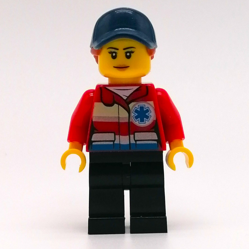 Secouriste, femme, veste rouge avec étoile de vie, casquette bleu foncé avec cheveux (Paramedic, Woman, Red Jacket with Star of Life, Dark Blue Cap with Hair)