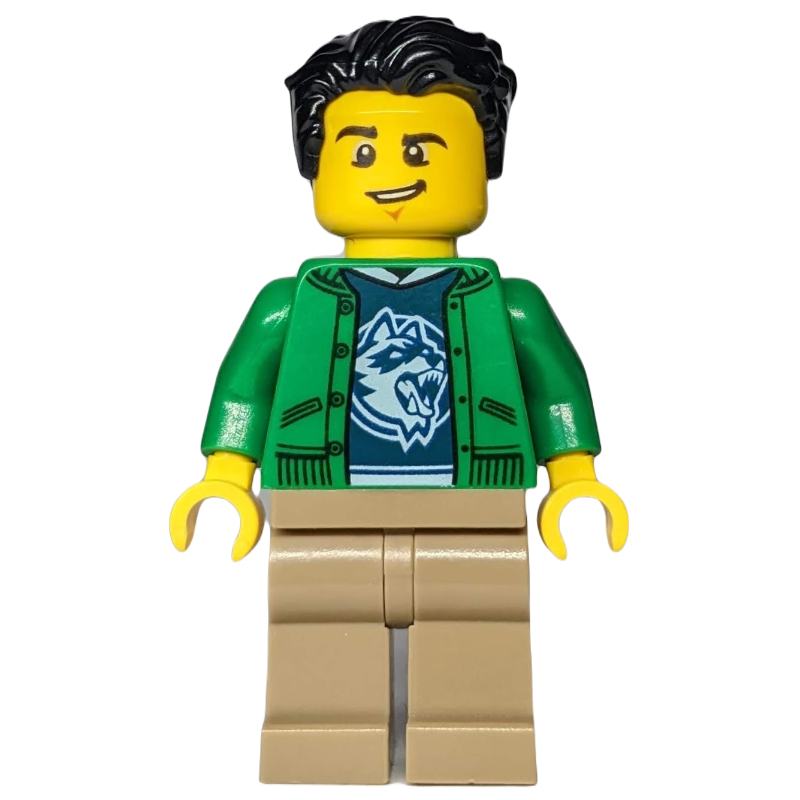 Homme, veste verte ouverte, jambes beige foncé, cheveux noirs (Man, Open Green Jacket, Dark Tan Legs, Black Hair)