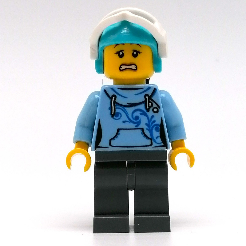 Femme, sweat à capuche bleu clair, jambes gris bleuté foncé, casque azur moyen avec des lunettes de cheveux et de neige (Woman, Bright Light Blue Hoodie, Dark Bluish Gray Legs, Medium Azure Helmet with Hair and Snow Goggles)
