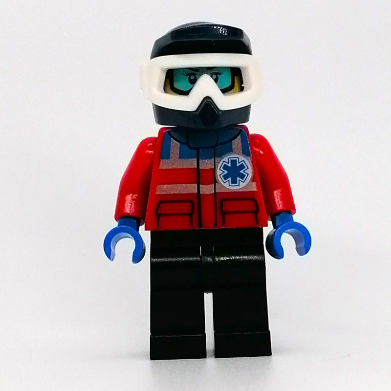 Secouriste, femme, veste rouge avec étoile de la vie, casque de vélo de terre bleu foncé avec lunettes de neige, lunettes de neige imprimées (Paramedic, Woman, Red Jacket with Star of Life, Dark Blue Dirt Bike Helmet with Snow Goggles, Printed Snow Goggles)
