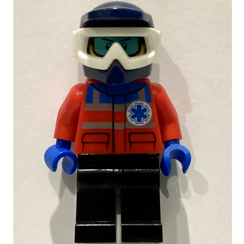 Secouriste, veste rouge avec étoile de la vie, casque de vélo de terre bleu foncé avec lunettes de neige, lunettes de neige imprimées (Paramedic, Red Jacket with Star of Life, Dark Blue Dirt Bike Helmet with Snow Goggles, Printed Snow Goggles)