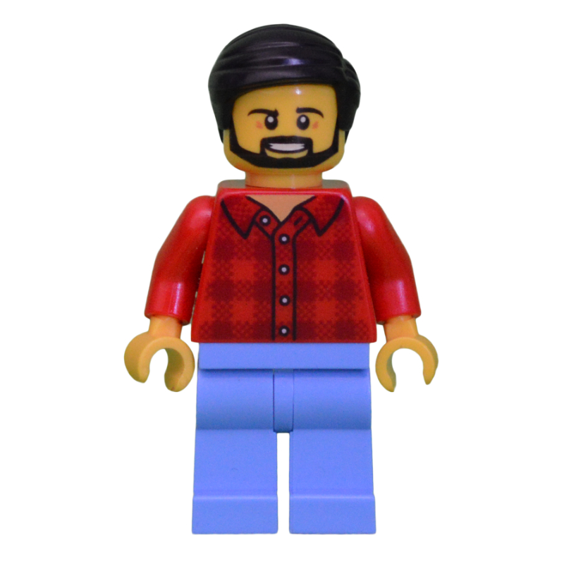 Homme, chemise en flanelle rouge, jambes bleu moyen, cheveux noirs, barbe (Man, Red Flannel Shirt, Medium Blue Legs, Black Hair, Beard)