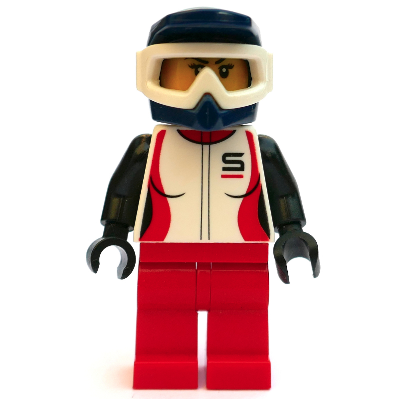 Coureur, femme, veste blanche, noire et rouge, jambes rouges, casque de vélo de saleté bleu foncé avec lunettes, taches de saleté (Racer, Woman, White, Black and Red Jacket, Red Legs, Dark Blue Dirt Bike Helmet with Goggles, Dirt Stains)