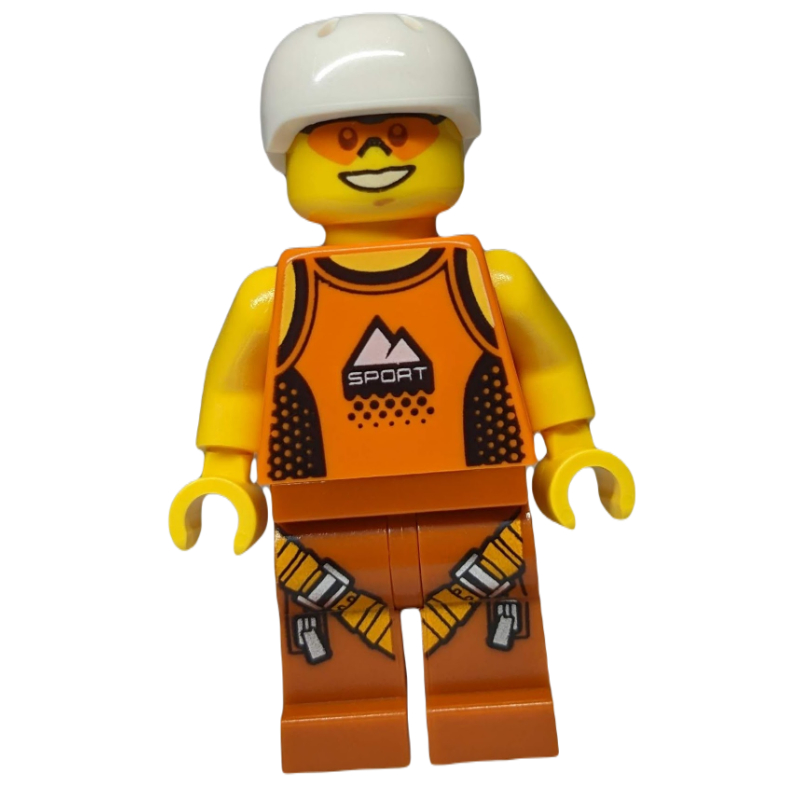 Homme, débardeur orange avec 'SPORT', jambes orange foncé avec sangles, casque blanc, lunettes de sécurité orange (Man, Orange Tank Top with 'SPORT', Dark Orange Legs with Straps, White Helmet, Orange Safety Glasses)
